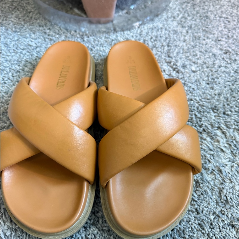 Cognac Criss-Cross Slide Sandals.